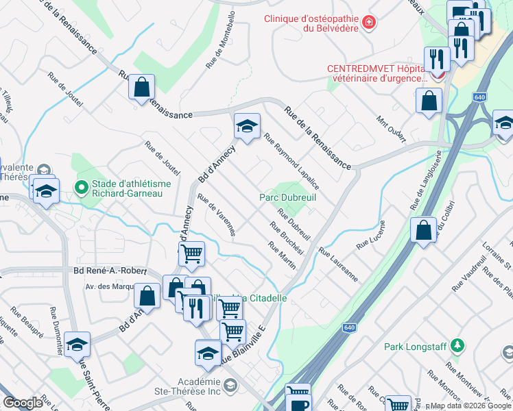 map of restaurants, bars, coffee shops, grocery stores, and more near 90 Rue Bruchési in Blainville