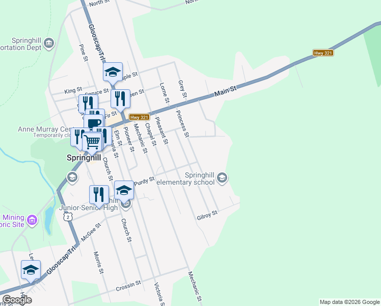 map of restaurants, bars, coffee shops, grocery stores, and more near 27 Princess Street in Springhill