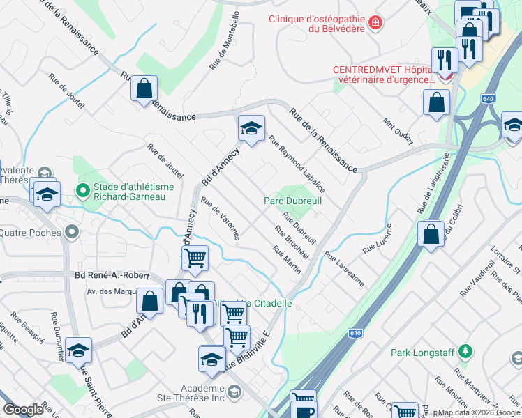 map of restaurants, bars, coffee shops, grocery stores, and more near 90 Rue Bruchési in Blainville