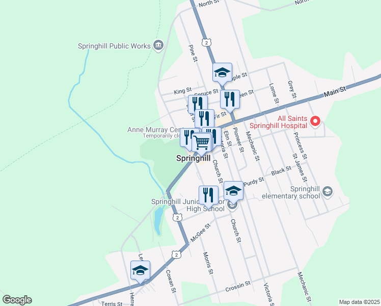 map of restaurants, bars, coffee shops, grocery stores, and more near in Springhill
