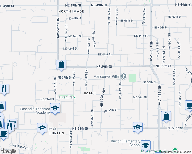 map of restaurants, bars, coffee shops, grocery stores, and more near 12802 Northeast 38th Circle in Vancouver