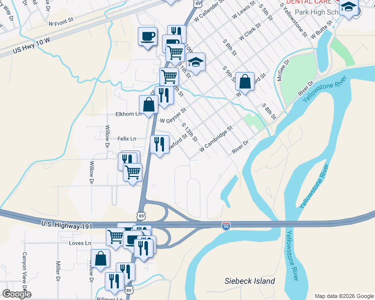 map of restaurants, bars, coffee shops, grocery stores, and more near 504 South 13th Street in Livingston