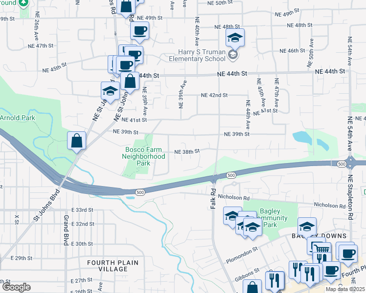 map of restaurants, bars, coffee shops, grocery stores, and more near 3809 Northeast 39th Court in Vancouver