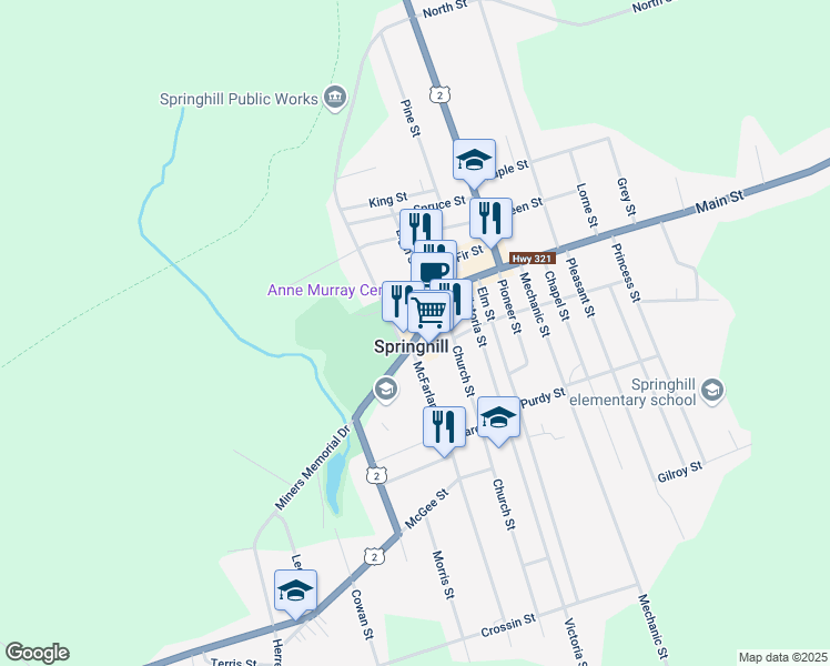 map of restaurants, bars, coffee shops, grocery stores, and more near 22 Main Street in Springhill