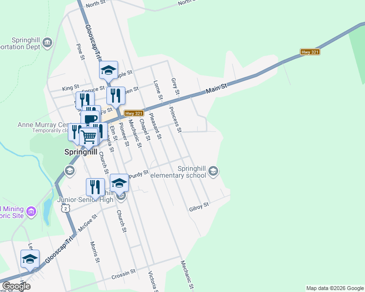 map of restaurants, bars, coffee shops, grocery stores, and more near 27 Princess Street in Springhill