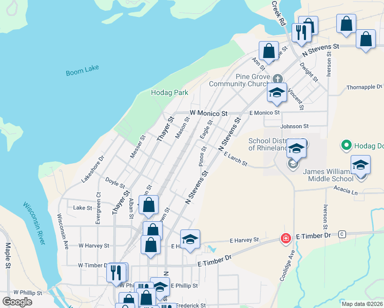 map of restaurants, bars, coffee shops, grocery stores, and more near 946 Eagle Street in Rhinelander