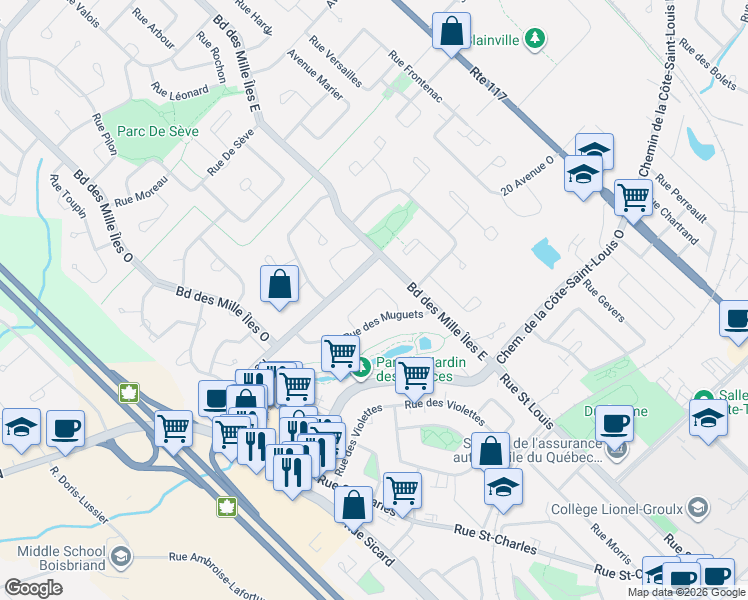 map of restaurants, bars, coffee shops, grocery stores, and more near 388 Rue des Camélias in Sainte-Thérèse