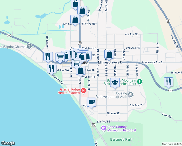 map of restaurants, bars, coffee shops, grocery stores, and more near 108 1st Avenue Northeast in Glenwood
