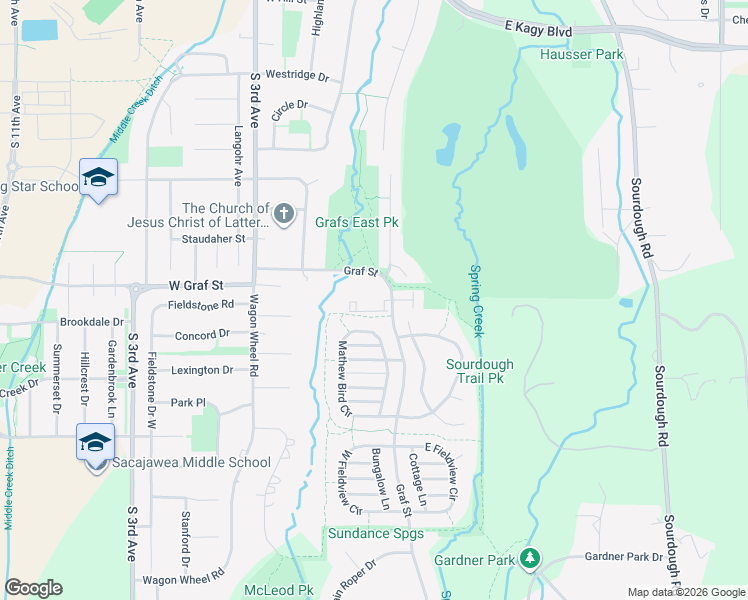 map of restaurants, bars, coffee shops, grocery stores, and more near 3175 Graf Street in Bozeman