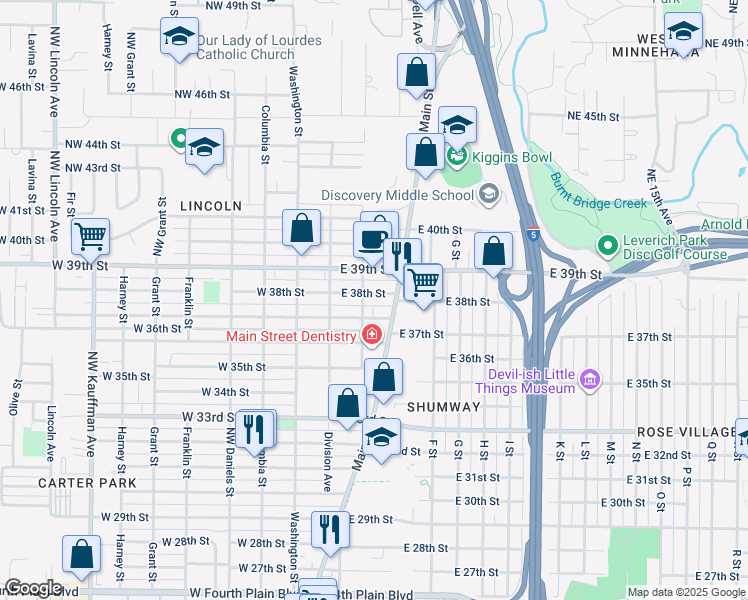 map of restaurants, bars, coffee shops, grocery stores, and more near 208 East 38th Street in Vancouver