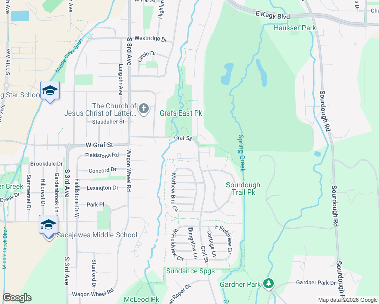 map of restaurants, bars, coffee shops, grocery stores, and more near 3175 Graf Street in Bozeman