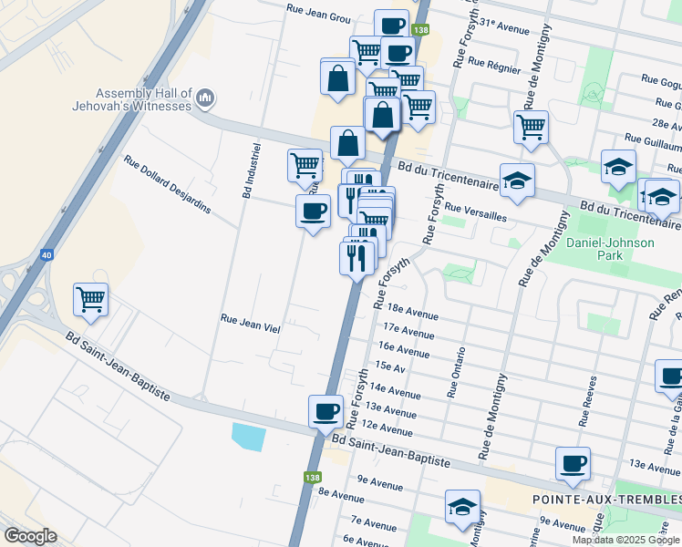 map of restaurants, bars, coffee shops, grocery stores, and more near 12480 Rue April in Montréal