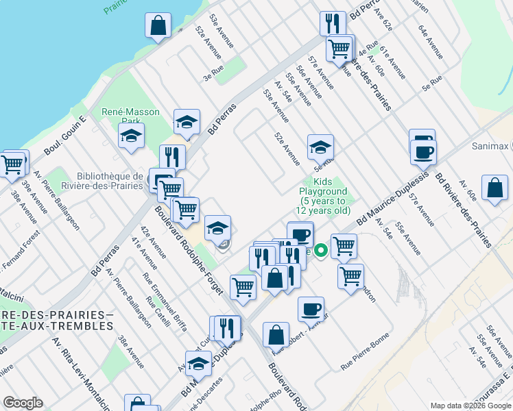 map of restaurants, bars, coffee shops, grocery stores, and more near 49e Avenue in Montréal