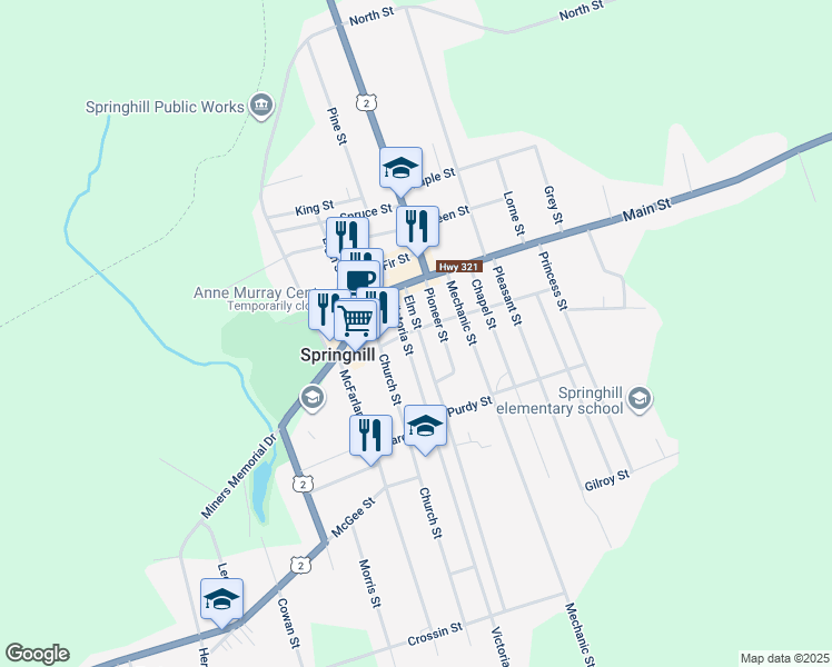 map of restaurants, bars, coffee shops, grocery stores, and more near 15 Elm Street in Springhill