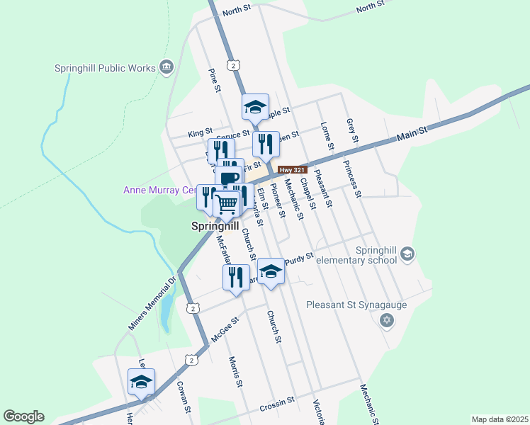 map of restaurants, bars, coffee shops, grocery stores, and more near 15 Elm Street in Springhill