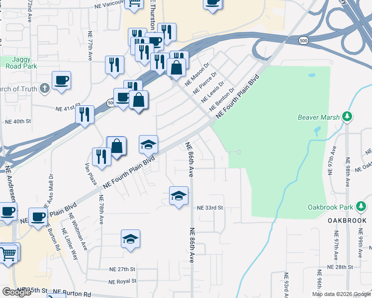 map of restaurants, bars, coffee shops, grocery stores, and more near 3708 Northeast 86th Avenue in Vancouver