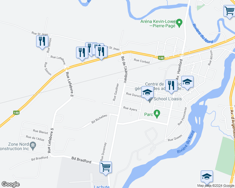 map of restaurants, bars, coffee shops, grocery stores, and more near 245 Rue Gauthier in Lachute