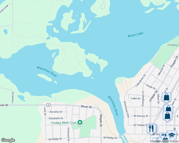 map of restaurants, bars, coffee shops, grocery stores, and more near 5406 Riverview Drive in Rhinelander