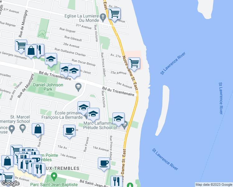 map of restaurants, bars, coffee shops, grocery stores, and more near 560 Boulevard du Tricentenaire in Montréal