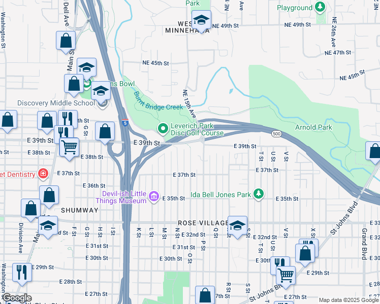 map of restaurants, bars, coffee shops, grocery stores, and more near 3814 O Street in Vancouver