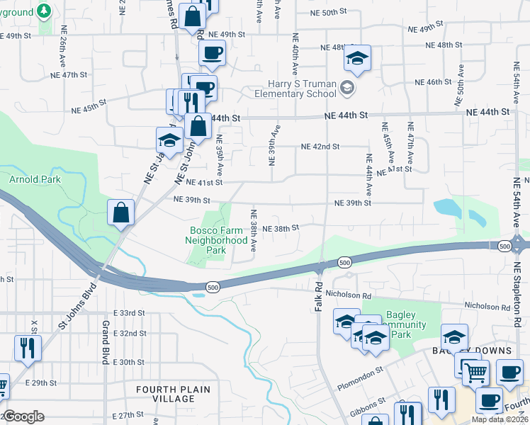 map of restaurants, bars, coffee shops, grocery stores, and more near 3817 Northeast 38th Avenue in Vancouver