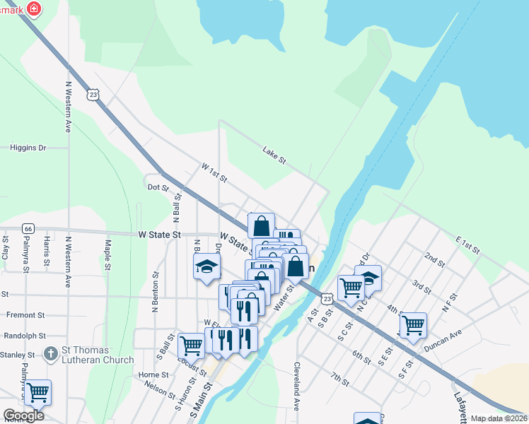 map of restaurants, bars, coffee shops, grocery stores, and more near 422-456 West 1st Street in Cheboygan