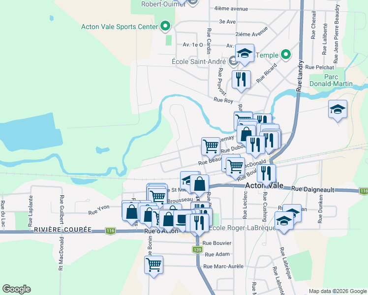 map of restaurants, bars, coffee shops, grocery stores, and more near 1358 Rue Lemay in Acton Vale