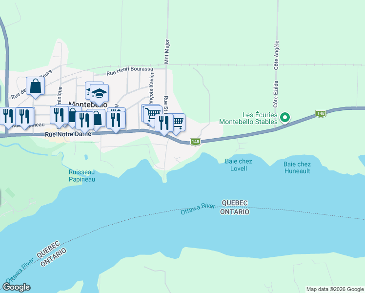 map of restaurants, bars, coffee shops, grocery stores, and more near 692 Rue Notre-Dame in Montebello