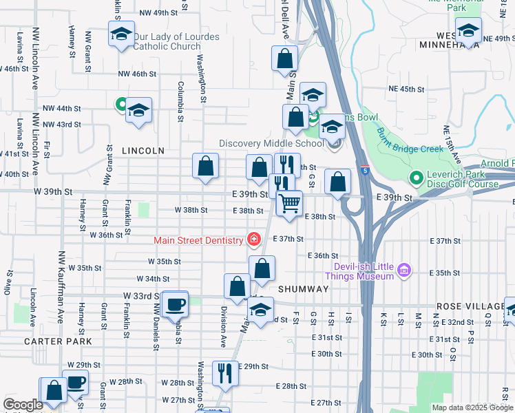 map of restaurants, bars, coffee shops, grocery stores, and more near 208 East 38th Street in Vancouver