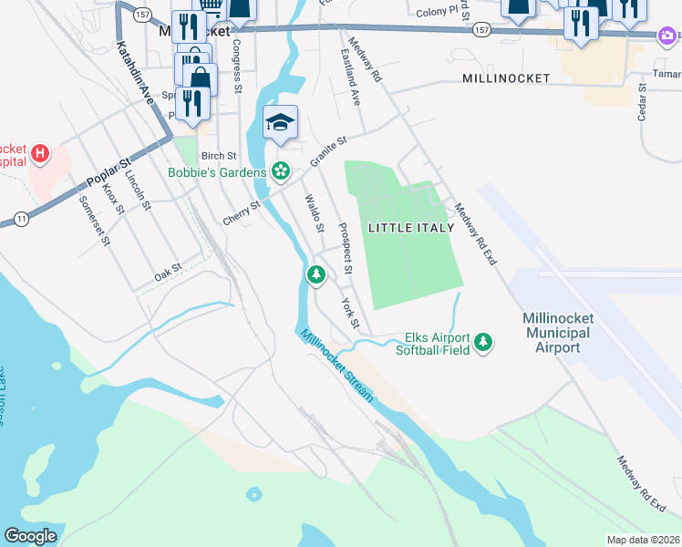 map of restaurants, bars, coffee shops, grocery stores, and more near 61 Prospect Street in Millinocket
