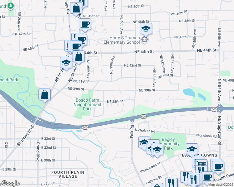 map of restaurants, bars, coffee shops, grocery stores, and more near 3809 Northeast 39th Court in Vancouver