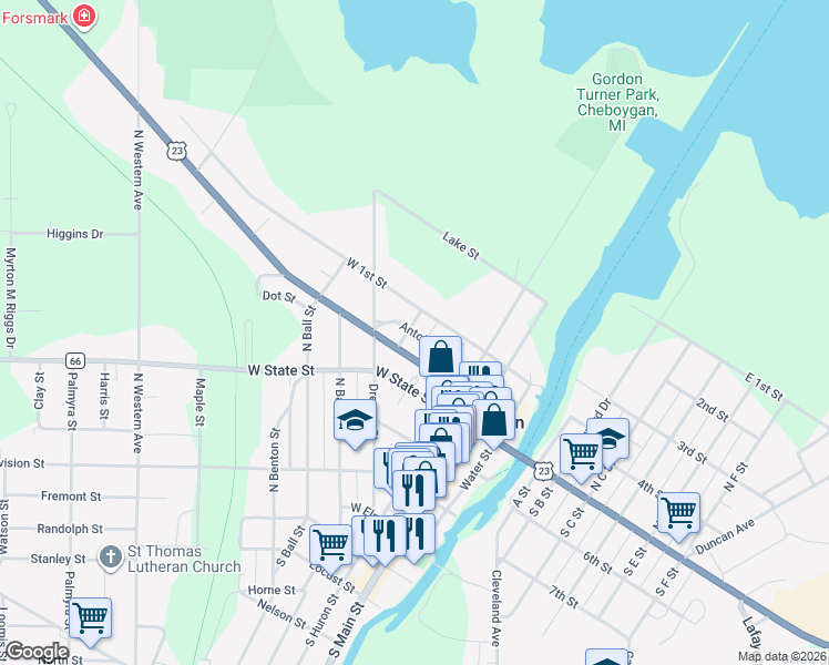 map of restaurants, bars, coffee shops, grocery stores, and more near 304 Cass Street in Cheboygan