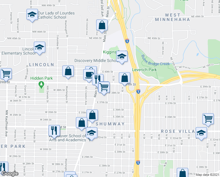 map of restaurants, bars, coffee shops, grocery stores, and more near 3812 G Street in Vancouver