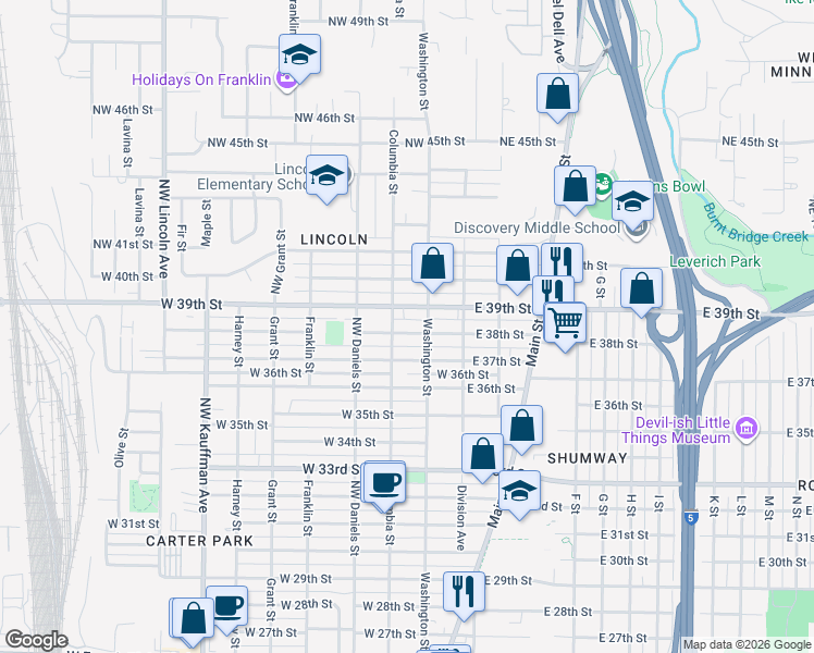 map of restaurants, bars, coffee shops, grocery stores, and more near 214 West 38th Street in Vancouver