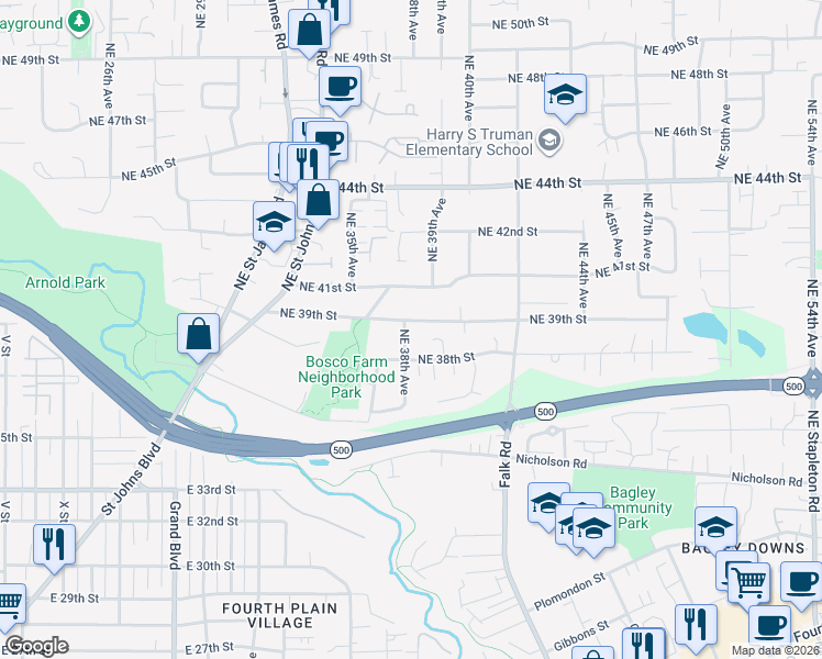 map of restaurants, bars, coffee shops, grocery stores, and more near 3817 Northeast 38th Avenue in Vancouver