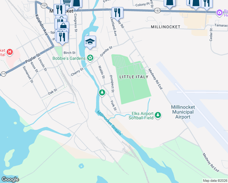 map of restaurants, bars, coffee shops, grocery stores, and more near 61 Prospect Street in Millinocket