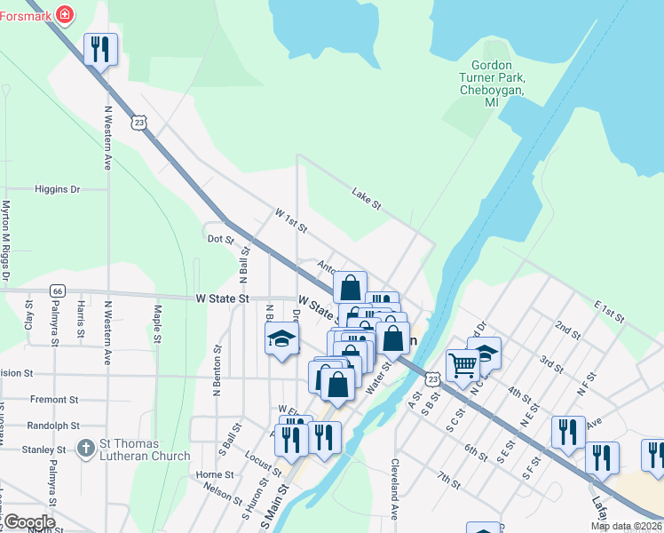 map of restaurants, bars, coffee shops, grocery stores, and more near 304-398 Cass Street in Cheboygan