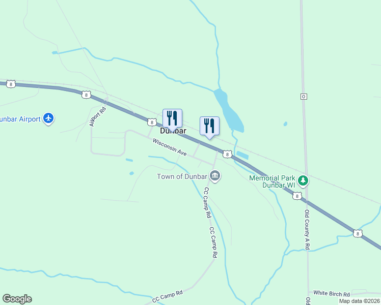 map of restaurants, bars, coffee shops, grocery stores, and more near N18989 2nd Street in Dunbar
