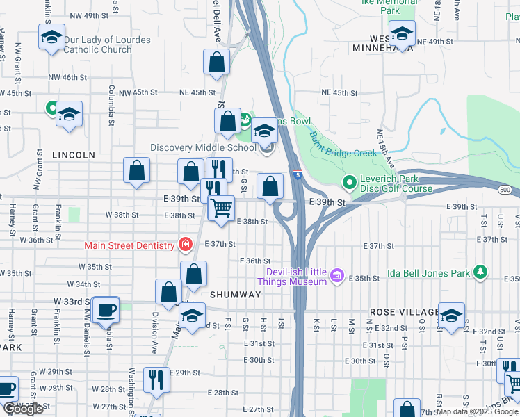 map of restaurants, bars, coffee shops, grocery stores, and more near 3812 H Street in Vancouver