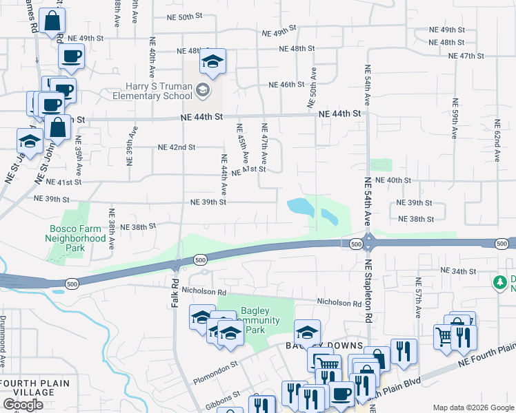 map of restaurants, bars, coffee shops, grocery stores, and more near 4611 Northeast 39th Street in Vancouver