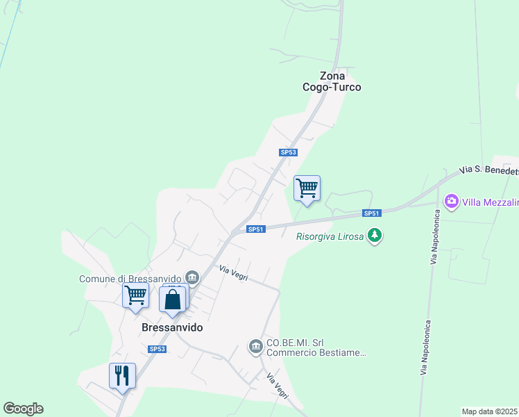 map of restaurants, bars, coffee shops, grocery stores, and more near 422 Via Rovegliara in Bressanvido