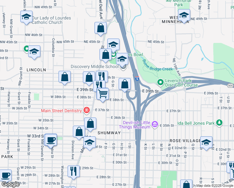 map of restaurants, bars, coffee shops, grocery stores, and more near 3812 H Street in Vancouver