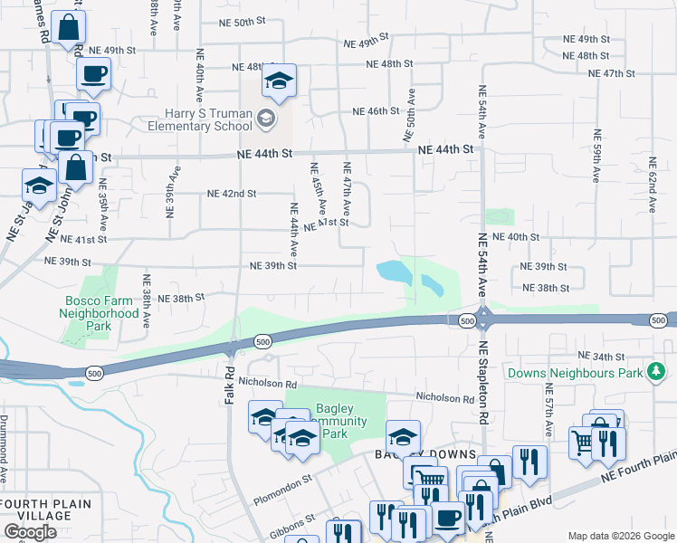 map of restaurants, bars, coffee shops, grocery stores, and more near 4611 Northeast 39th Street in Vancouver