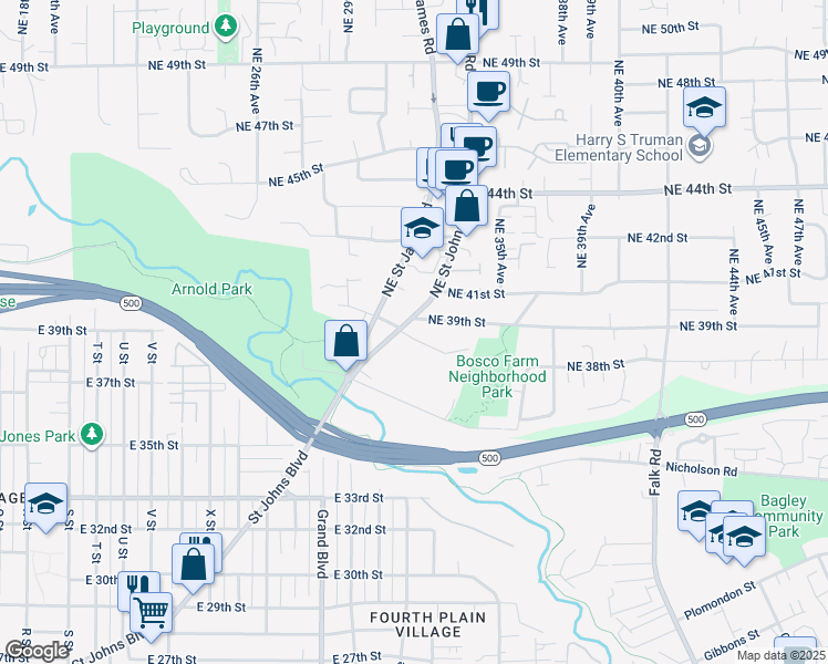 map of restaurants, bars, coffee shops, grocery stores, and more near 3122 NE May St in Vancouver