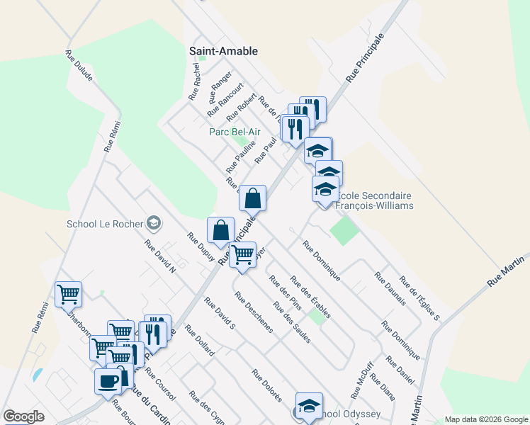 map of restaurants, bars, coffee shops, grocery stores, and more near 880 Rue Principale in Saint-Amable