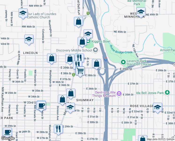 map of restaurants, bars, coffee shops, grocery stores, and more near 3812 G St in Vancouver