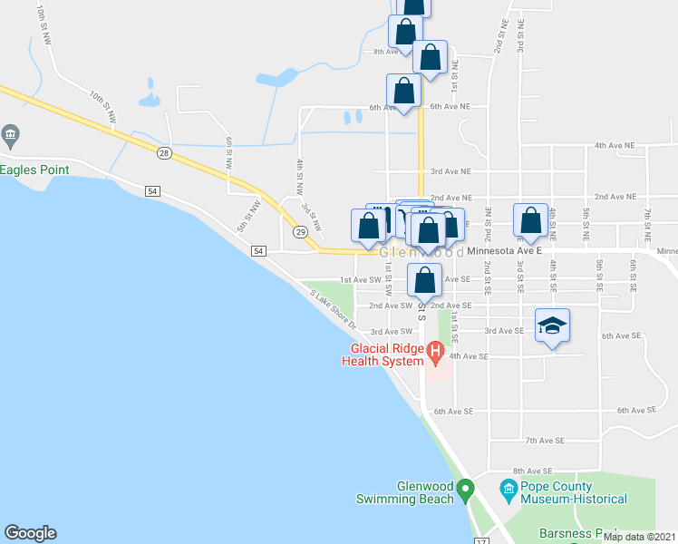 map of restaurants, bars, coffee shops, grocery stores, and more near 216 1st Avenue Southwest in Glenwood