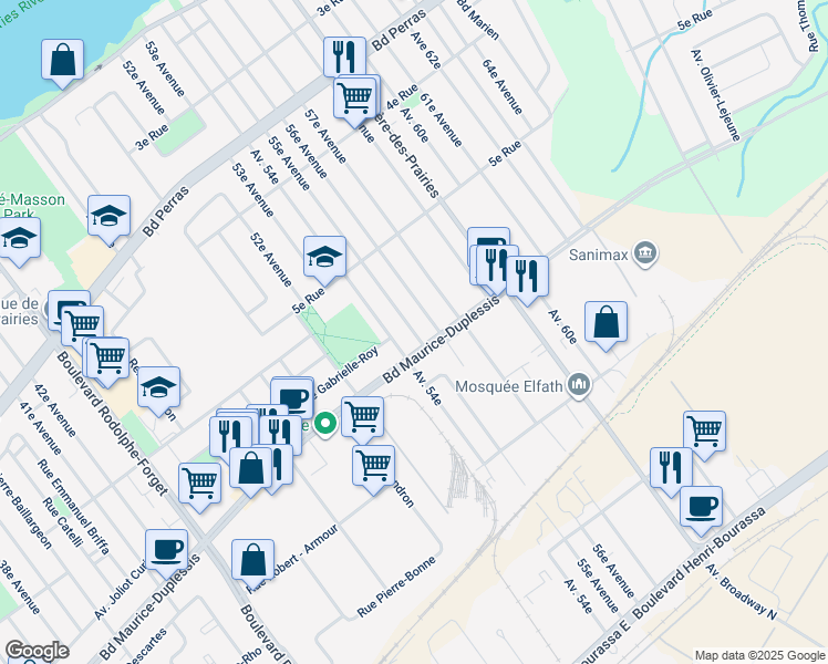 map of restaurants, bars, coffee shops, grocery stores, and more near 55e Avenue in Montréal