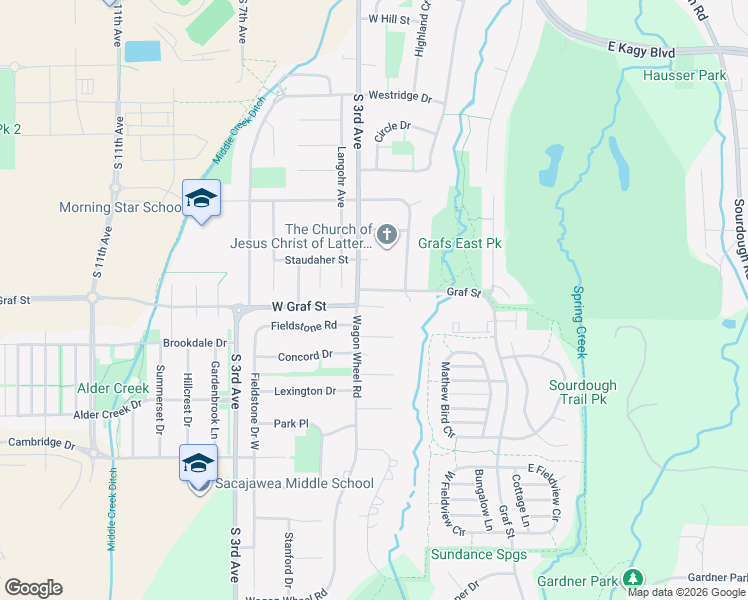 map of restaurants, bars, coffee shops, grocery stores, and more near 110 Graf St in Bozeman