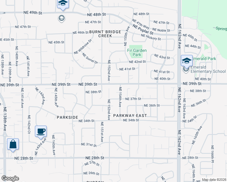 map of restaurants, bars, coffee shops, grocery stores, and more near 15304 Northeast 38th Circle in Vancouver